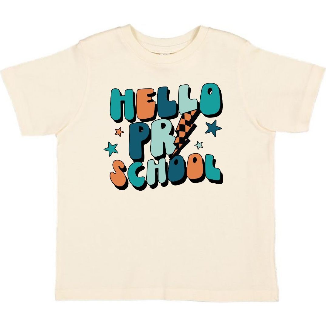 Hello Preschool short sleeve t-shirt in natural with multicolor graphic, tagless design by Sweet Wink