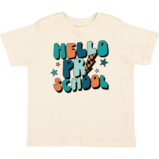 Hello Preschool short sleeve t-shirt in natural with multicolor graphic, tagless design by Sweet Wink