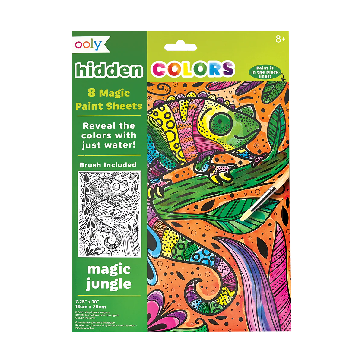 Ooly Hidden Colors water reveal art sheets featuring jungle animals and a brush