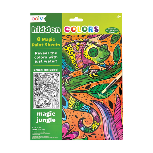 Ooly Hidden Colors water reveal art sheets featuring jungle animals and a brush