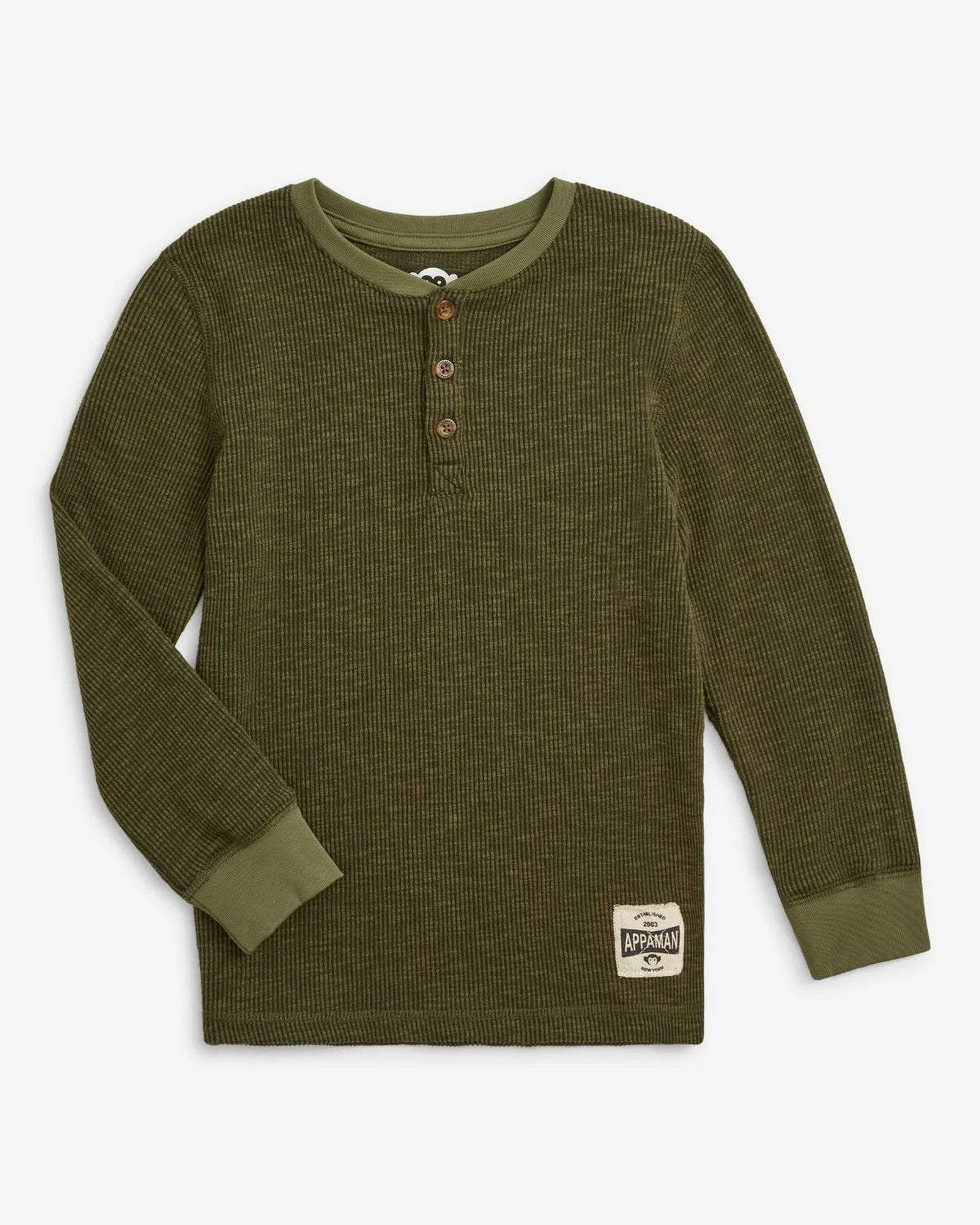 Dark olive thermal henley with button neckline by Appaman, front view