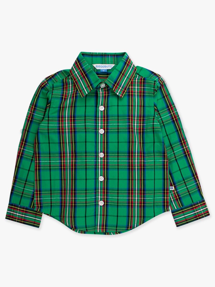 Green Nicholas Plaid long sleeve button-down shirt by Rugged Butts with classic placket and functional sleeve tabs