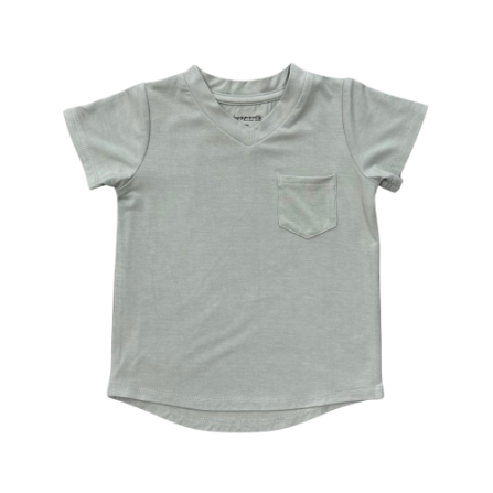 Baby Sprouts V-Neck Pocket Tee in neutral tone, showing relaxed fit and functional chest pocket