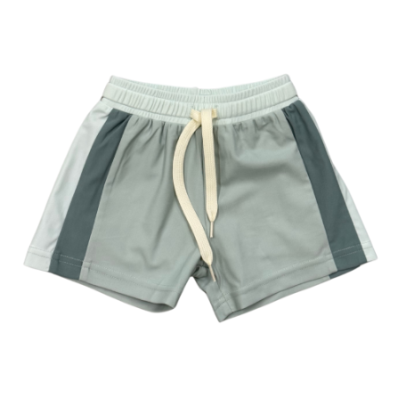 Baby Sprouts aqua and grey colorblock swim shorts with elastic waistband and drawstring