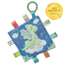 Taggies Crinkle Me square with embroidered face, colorful patterns, satin tag loops and flexible clip attachment