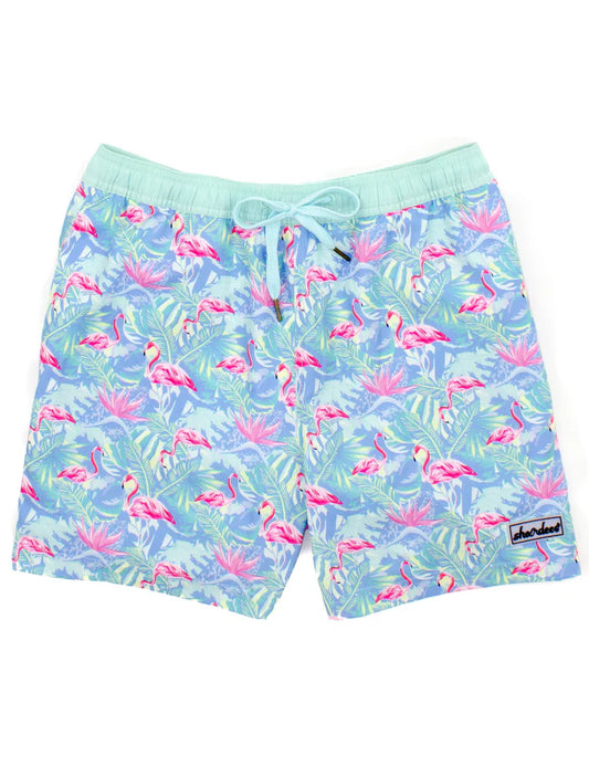Shordees Swim Trunk in Floral Flamingo with elastic liner and subtle logo detail