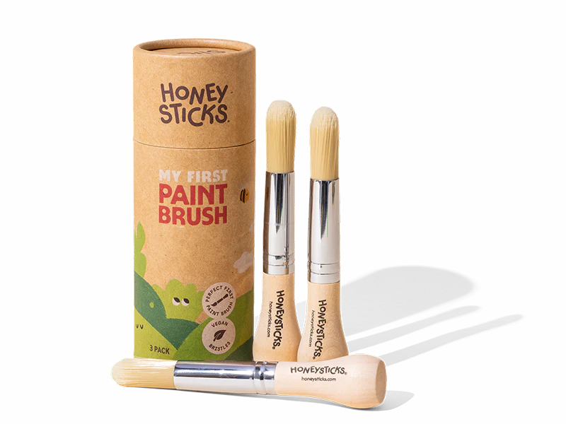 Honeysticks My First Paint Brush Set: three wooden brushes with soft vegan bristles and chunky handles, with reusable storage