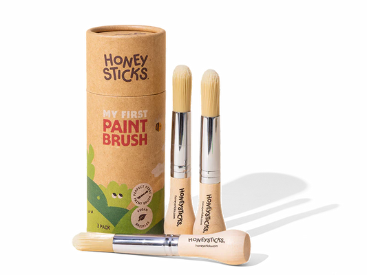 Honeysticks My First Paint Brush Set: three wooden brushes with soft vegan bristles and chunky handles, with reusable storage