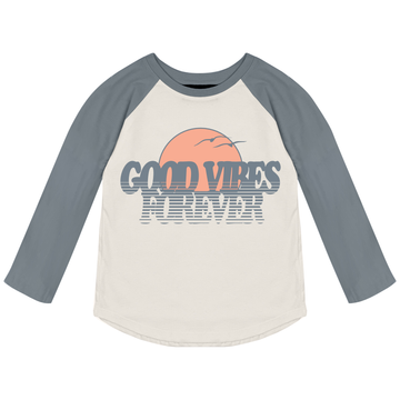 Good Vibes Forever Raglan in Natural/Faded Navy by Tiny Whales—refined raglan tee with contrast sleeves