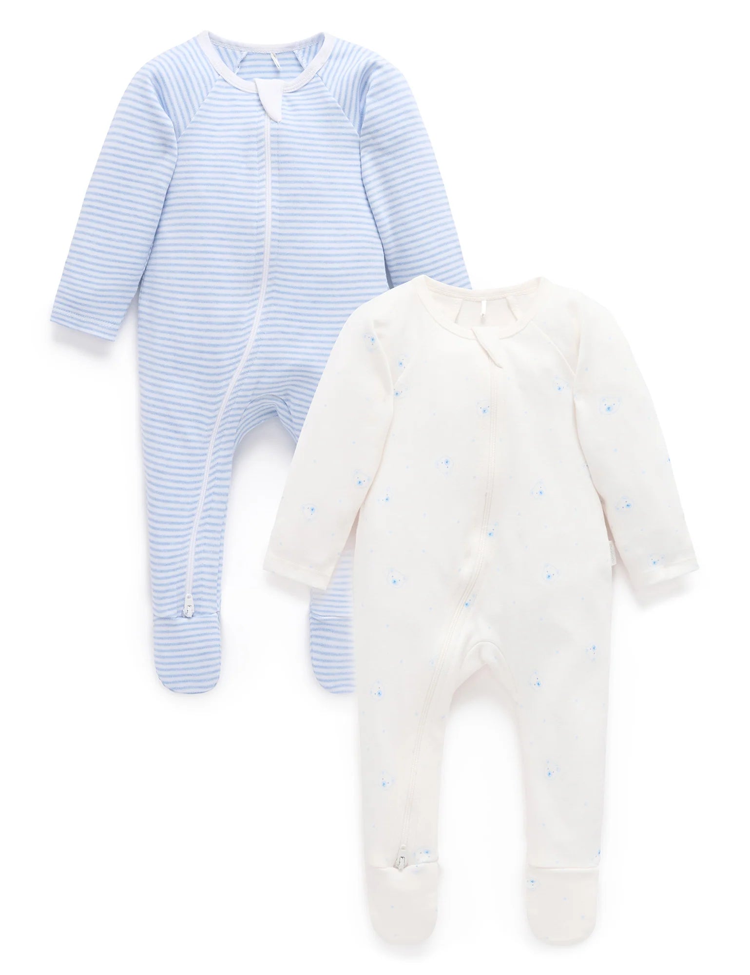 Pale Blue Bear 2 Pack Zip Growsuit by Purebaby, organic cotton with two-way zip closure