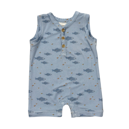 Baby Sprouts sleeveless romper in premium bamboo jersey with button placket and snap leg closures