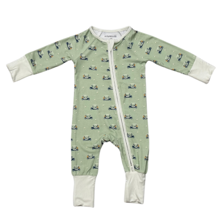 Long Sleeve Zip Romper in soft bamboo viscose with full-length zipper and built-in footies