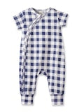 Homestead Plaid-Blue short-sleeve convertible zipper romper by Tesa Babe in classic plaid
