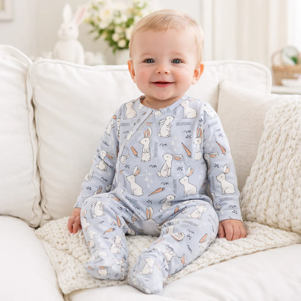 Cottontail Crew Footie Zipper Romper in soft bamboo-spandex blend with bunny print and protective neck guard