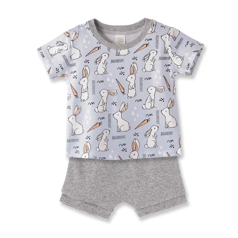 Cottontail SS Crew Tee & Shorts set by Tesa Babe with subtle bunny print and elastic waistband shorts