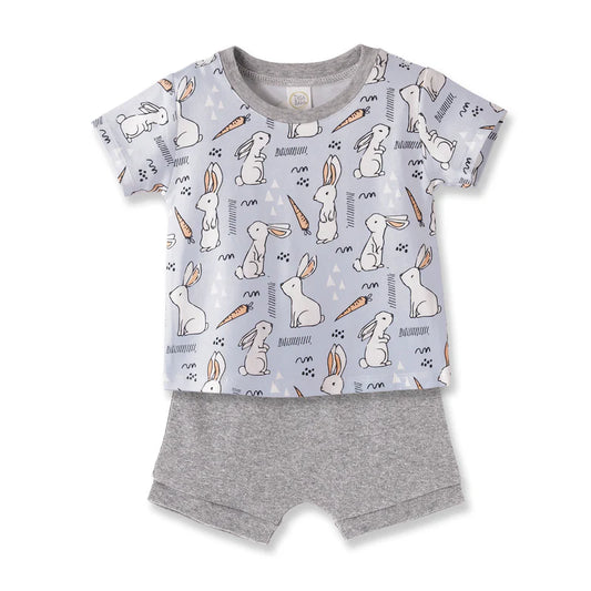 Cottontail SS Crew Tee & Shorts set by Tesa Babe with subtle bunny print and elastic waistband shorts