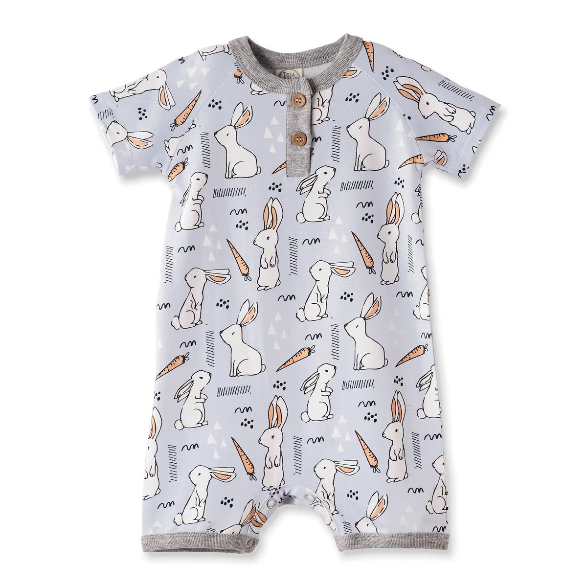 Cottontail Crew Shorty Henley Romper by Tesa Babe in soft bamboo-spandex with bunny-and-carrot print