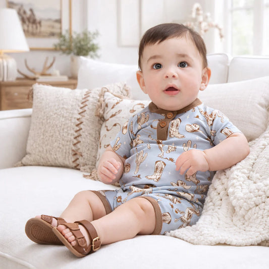Wild Wrangler-Blue Shorty Henley Romper-Tesa Babe