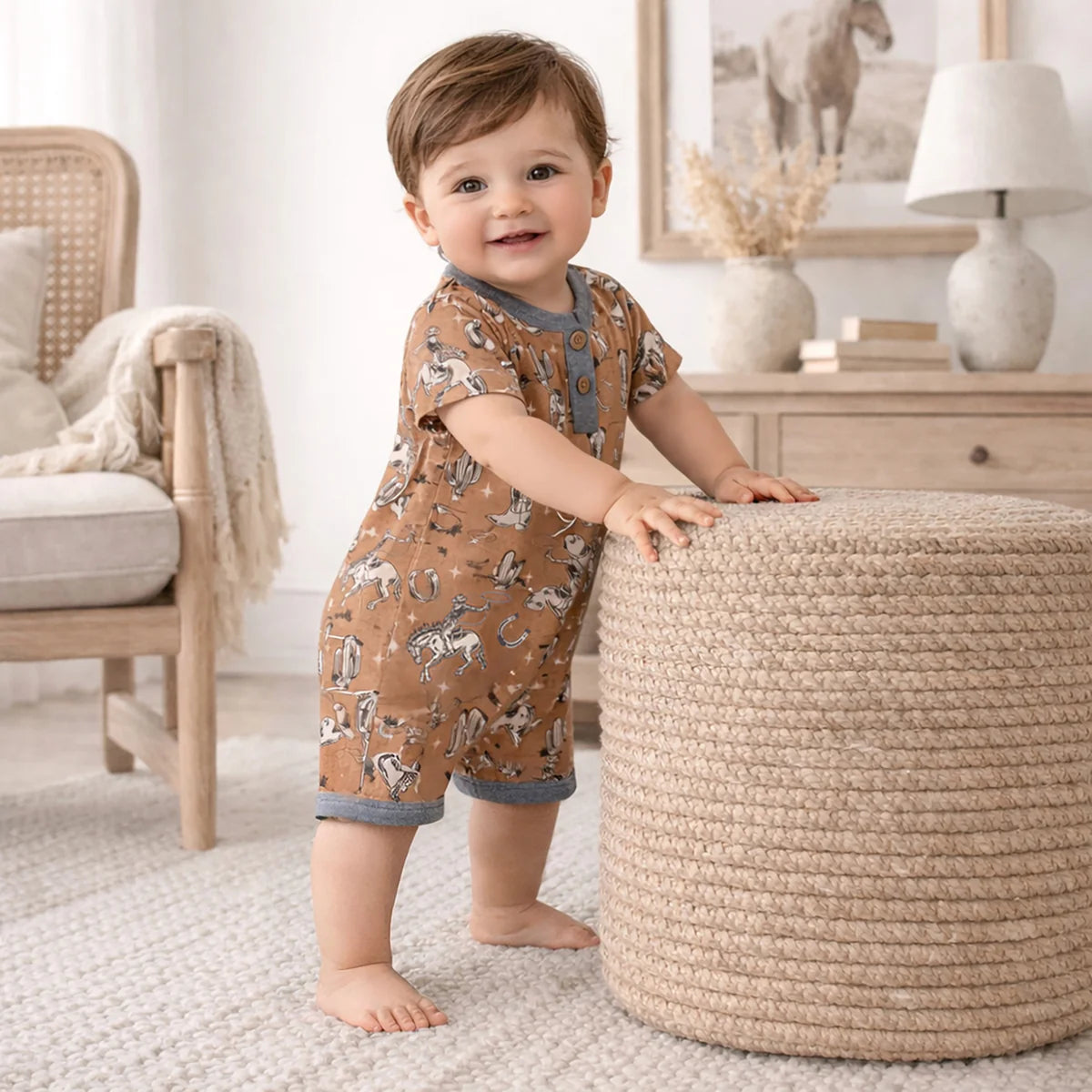 Wild Wrangler-Brown Shorty Henley Romper by Tesa Babe, bamboo-spandex with button neckline and snap closures