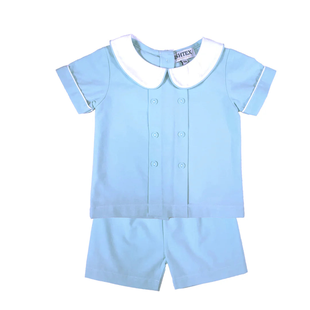 Blue poplin short set by Ishtex, showcasing refined tailoring and crisp fabric construction