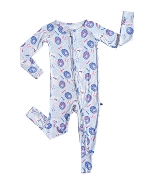 Lev Baby Homerun Convertible Romper in neutral tone, showing dual-zipper front closure detail