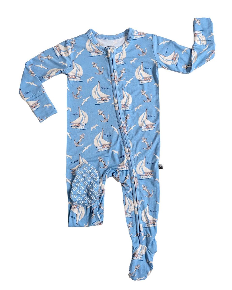 Robert zippered footie in soft bamboo viscose with Lev Baby heart grips and ribbed cuffs