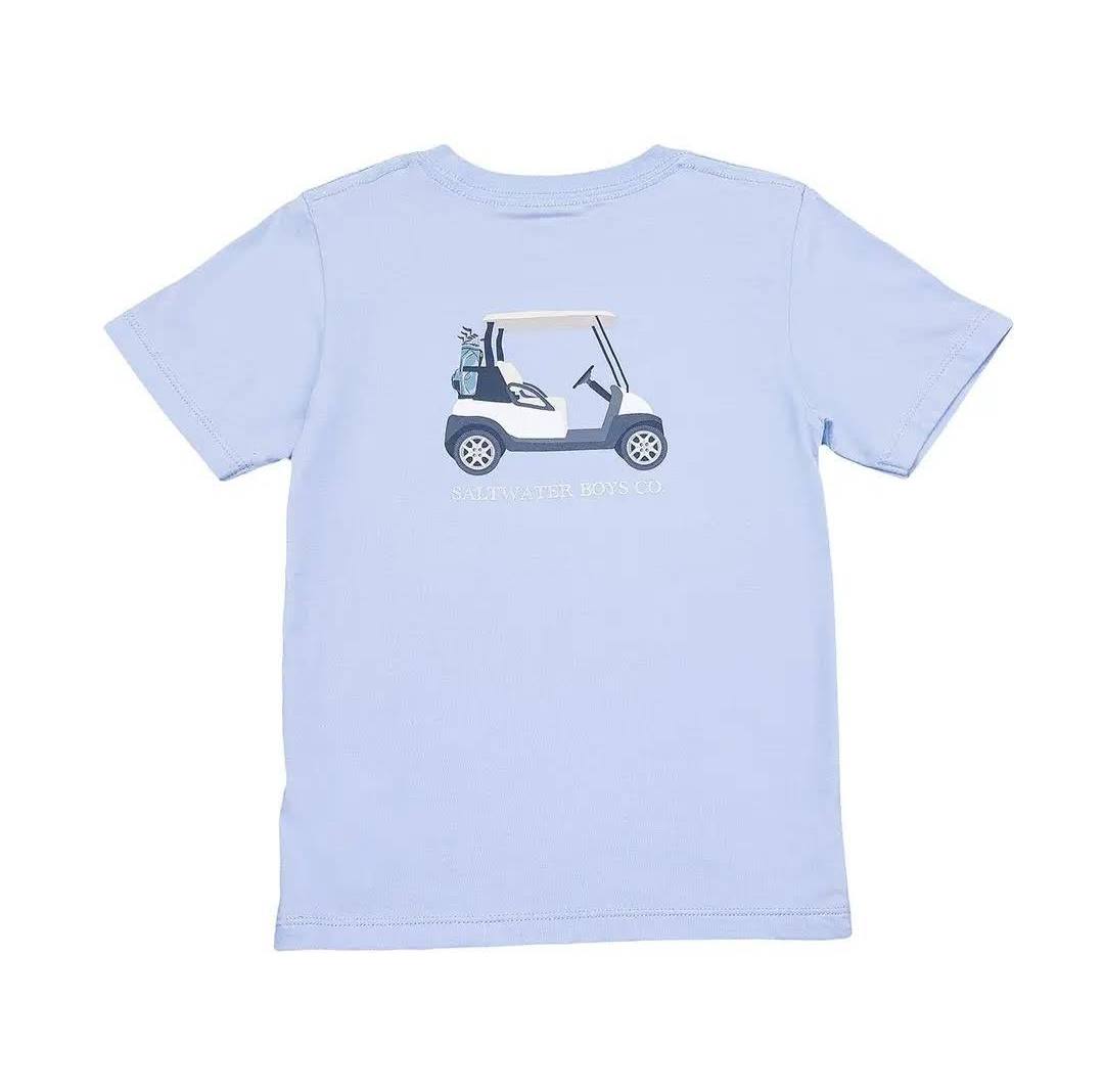 Blue short-sleeve graphic tee with golf cart design by Saltwater Boys