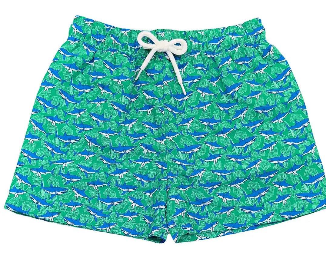 Saint Simons swim trunk in green with shark print, athletic cut with adjustable rope tie