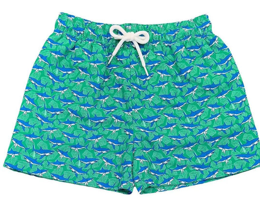 Saint Simons swim trunk in green with shark print, athletic cut with adjustable rope tie