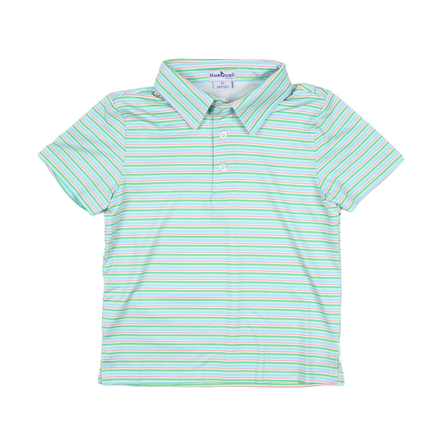 Blue Quail Sherbet Stripe short-sleeved polo shirt in blue with subtle striping