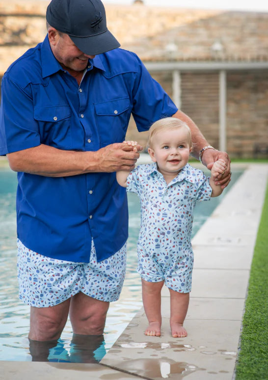 Stars & Stripes Polo SS Romper-Blue Quail