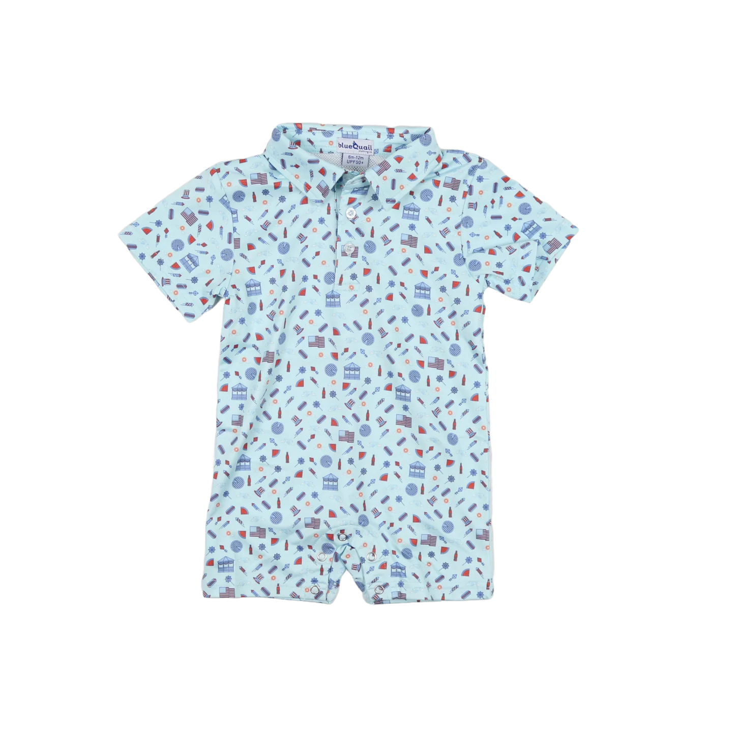 Blue Quail Stars & Stripes polo short-sleeve romper in blue with striped detailing