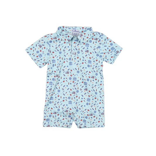 Stars & Stripes Polo SS Romper-Blue Quail