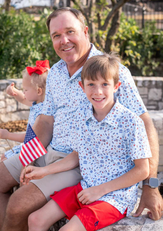 Blue Quail Men's Stars & Stripes Polo short-sleeve shirt in blue, UPF 50+ protection, mesh-vented