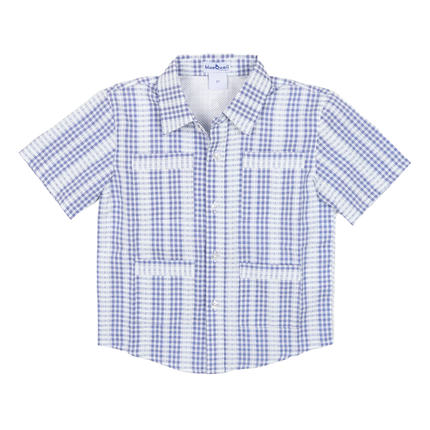 Blue Quail boys' guayabera shirt in deepwater poplin cotton with textured stitching detail and four pockets