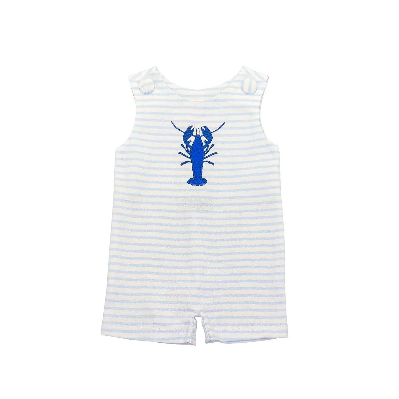 Light blue striped cotton shortall with embroidered lobster appliqué, functional shoulder buttons and snap seat