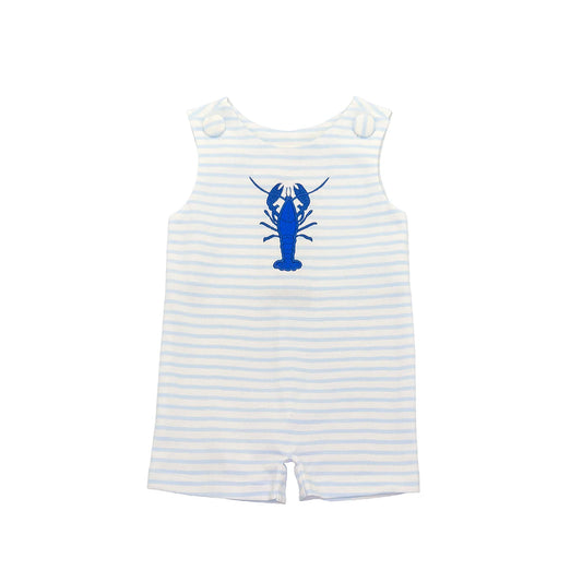 Light blue striped cotton shortall with embroidered lobster appliqué, functional shoulder buttons and snap seat