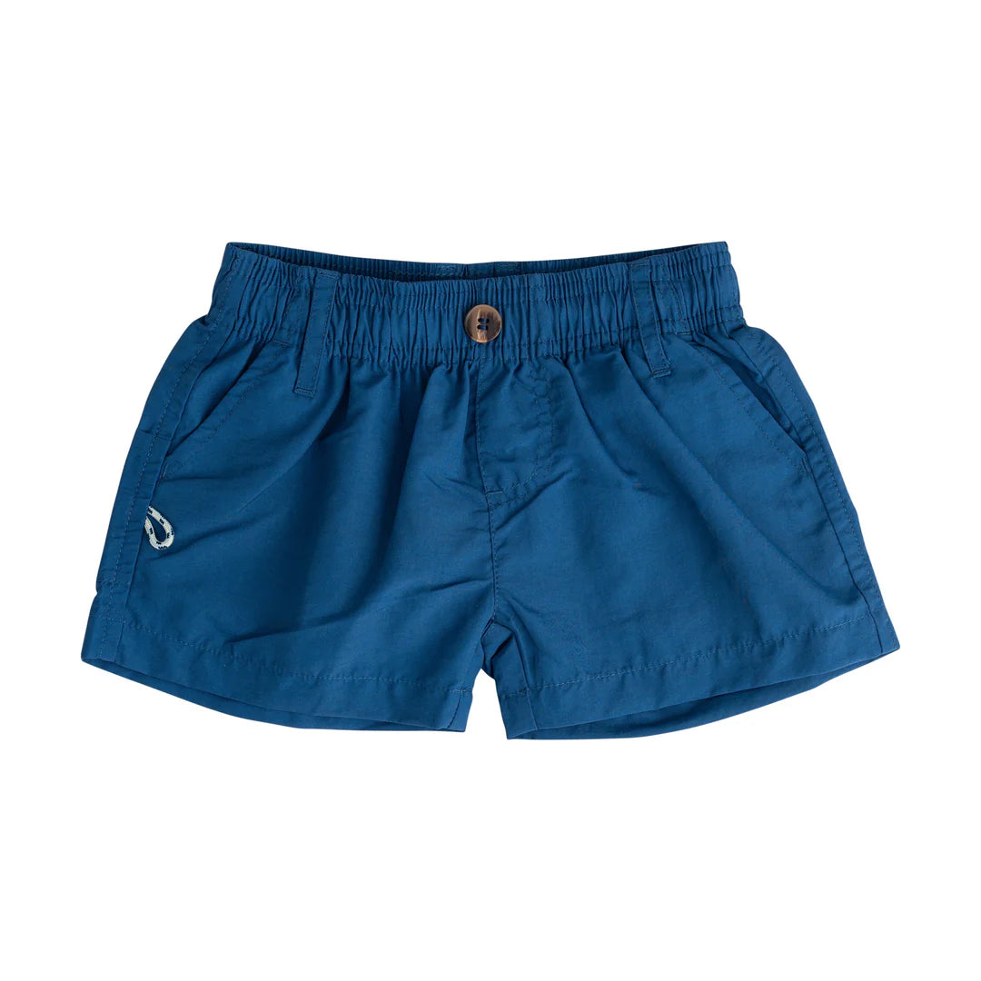 Outrigger Performance Short in navy ripstop, featuring elastic waistband and zippered back pockets