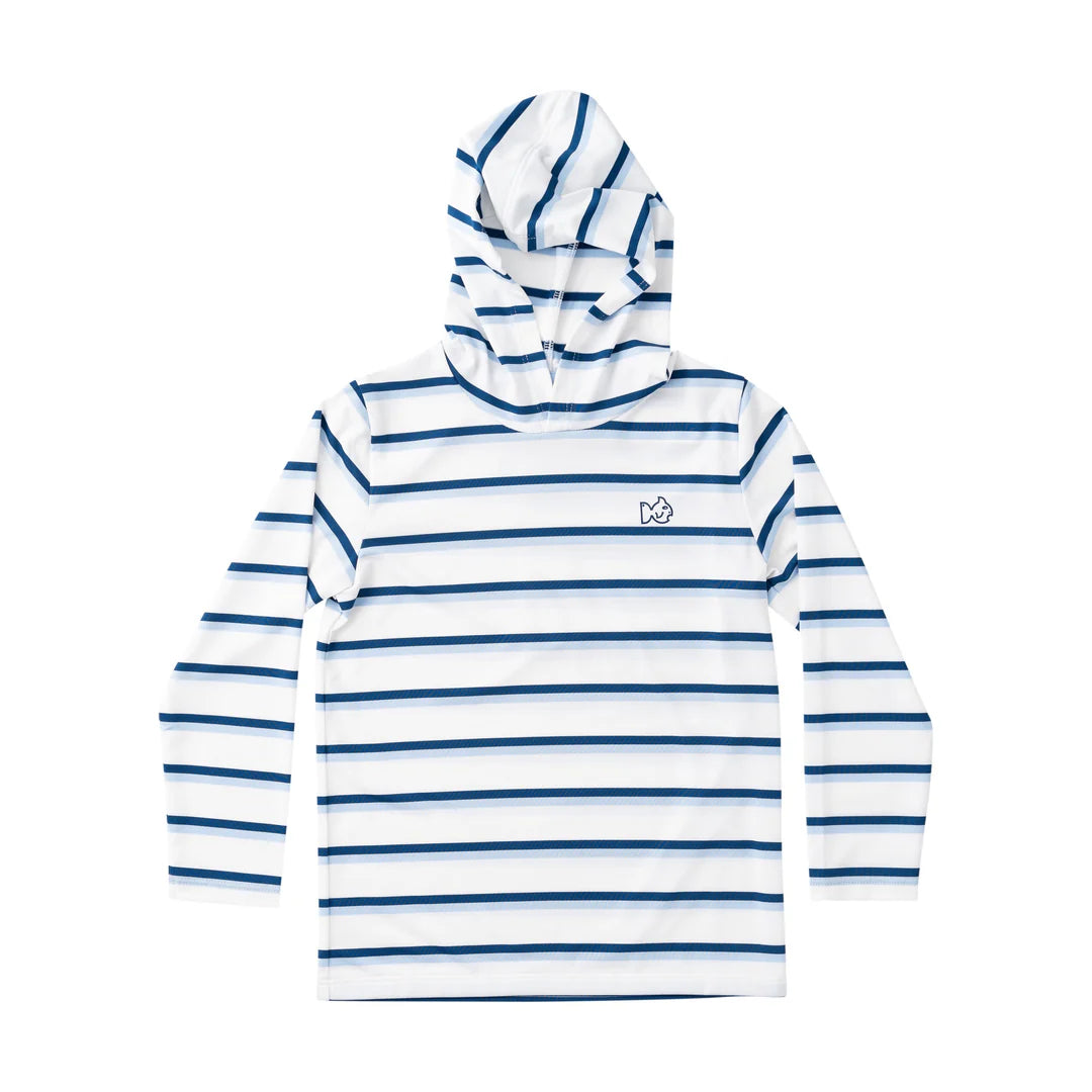 Navy striped African Pompano long-sleeved hoodie tee with performance fabric by Prodoh