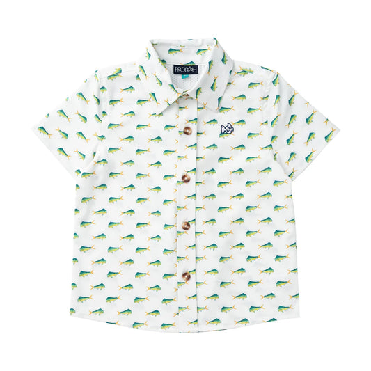 Prodoh boys' short sleeve button down shirt in mahi mahi print with UPF 50+ protection