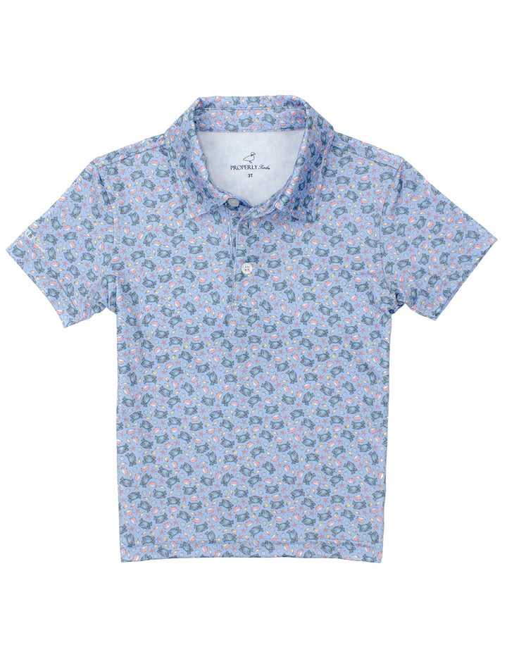 Inlet Polo in crab shore pattern by Properly Tied, moisture-wicking performance fabric