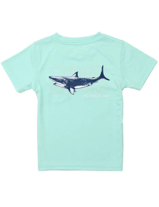 Properly Tied SS Performance Tee in Seafoam with hand-drawn Topo Shark graphic