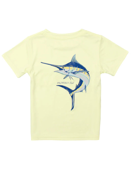 Light yellow short-sleeve performance tee with hand-drawn marlin graphic by Properly Tied