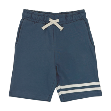 Navy French terry shorts by Tiny Whales, relaxed fit with water-based printed design