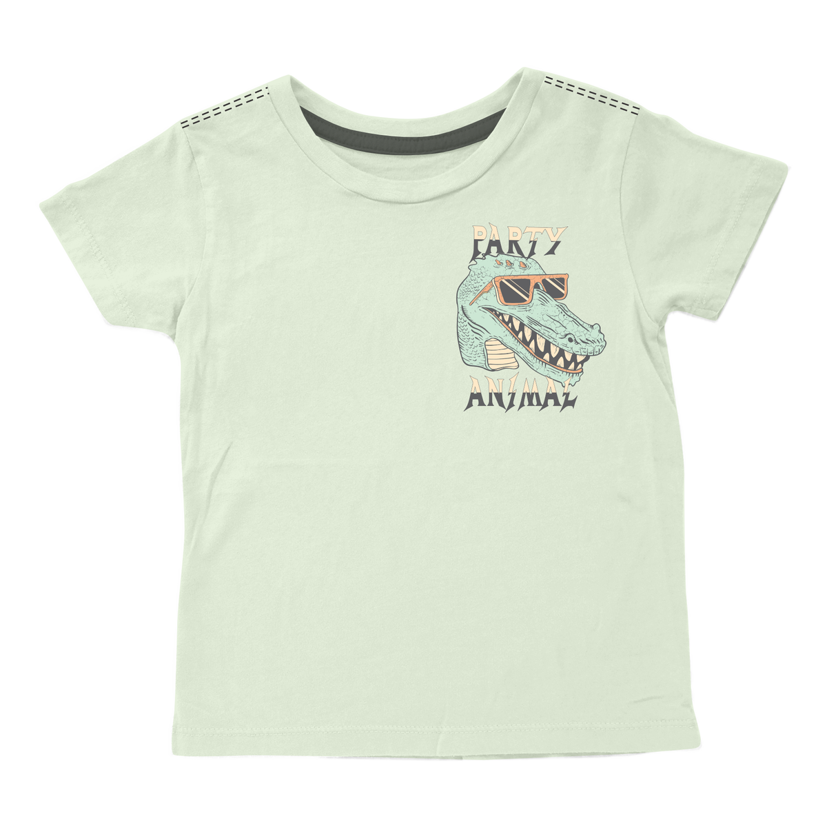 Party Animal SS Tee in green by Tiny Whales—100% cotton crew neck.
