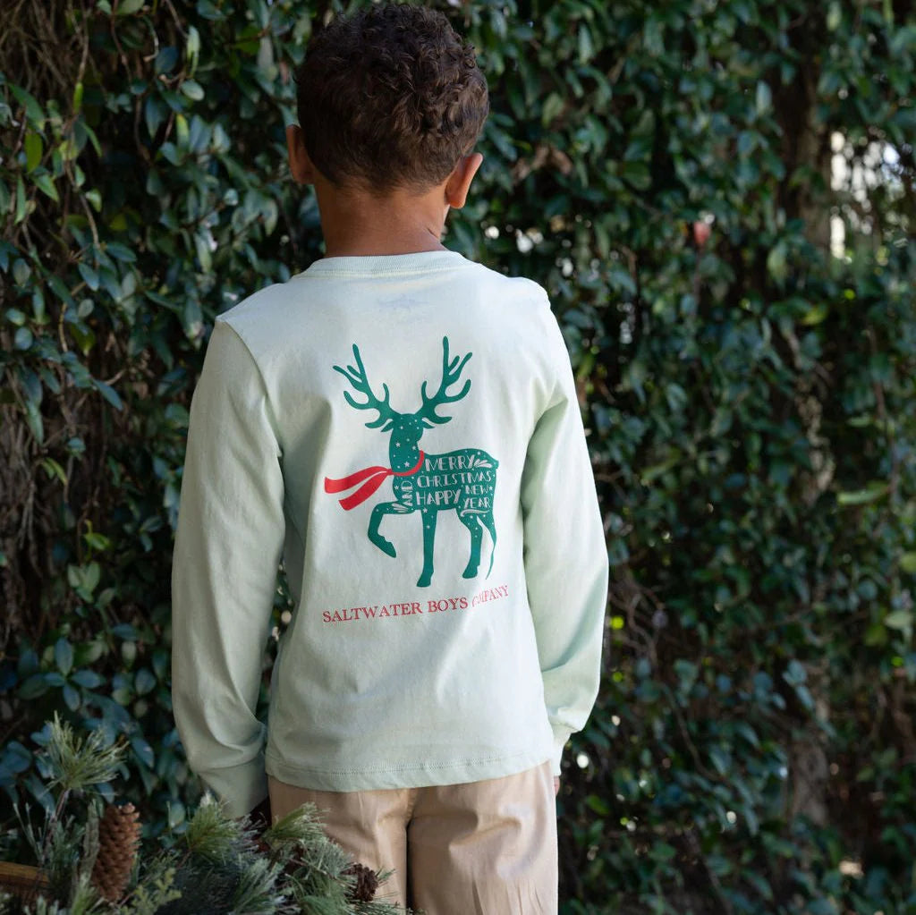 Saltwater Boys Christmas Deer Long Sleeve Tee in cream, featuring subtle festive deer graphic