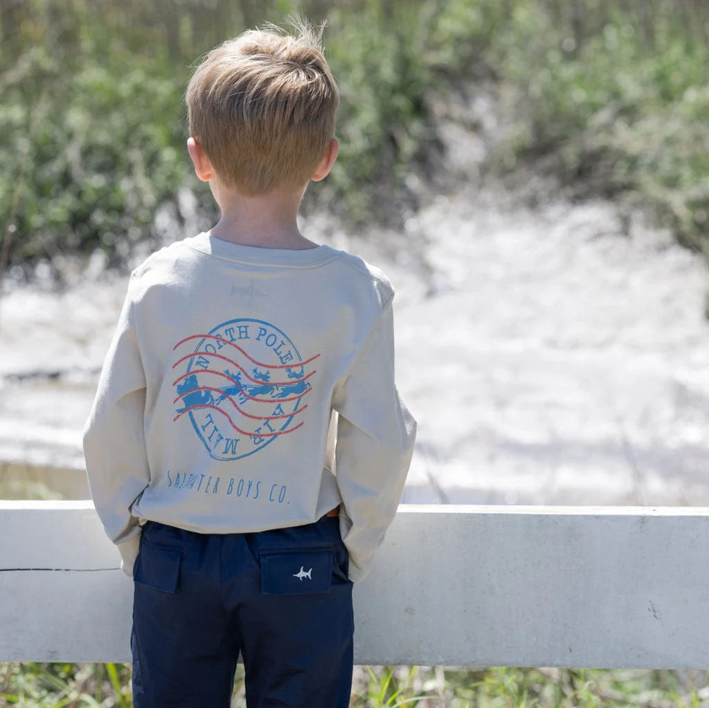 Saltwater Boys Christmas Stamp Long Sleeve Tee in soft Peruvian cotton with postage stamp pocket graphic