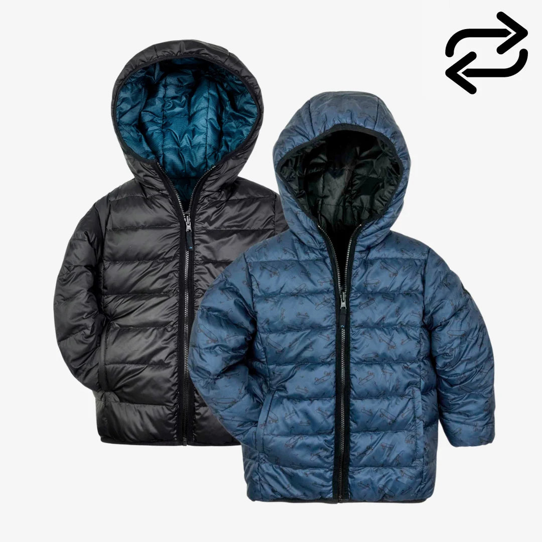 Appaman Reversible Puffer in Skater Vibes, showing solid and graphic sides