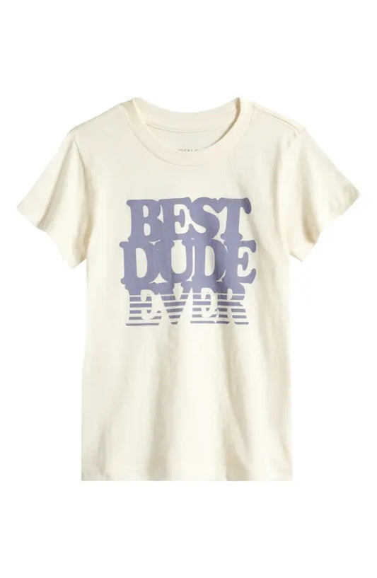 Cream cotton short-sleeve t-shirt with Best Dude Ever graphic by Tiny Whales