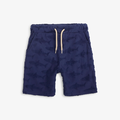 Navy blue boys' shorts with raised shark texture print, relaxed fit, Appaman Resort Shorts